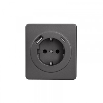 KRANZ ROUND Розетка 1-ая с/з с/у з/ш 16А с USB A+C быстрой зарядки 5В/3А титан, с 1-пост. рамкой KRANZ ROUND Розетка 1-ая с/з с/у з/ш 16А с USB A+C быстрой зарядки 5В/3А титан, с 1-пост. рамкой