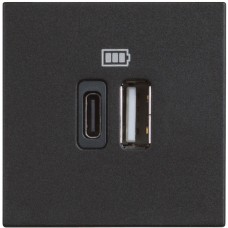 Розетка зарядное устройство USB 2 разъёма тип - C/тип - A 3000мА - 2 модуля. Цвет Чёрный. Bticino серия CLASSIA. RG4287C2 Розетка зарядное устройство USB 2 разъёма тип - C/тип - A 3000мА - 2 модуля. Цвет Чёрный. Bticino серия CLASSIA. RG4287C2