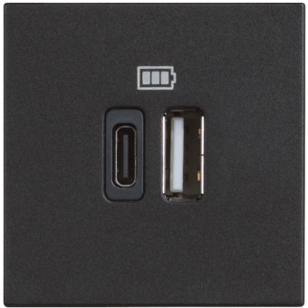 Розетка зарядное устройство USB 2 разъёма тип - C/тип - A 3000мА - 2 модуля. Цвет Чёрный. Bticino серия CLASSIA. RG4287C2