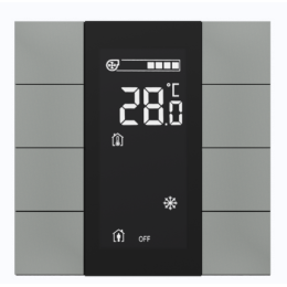 Выключатель / комнатный контроллер с ЖК-дисплеем iSwitch+ 8-кнопочный, встроенные датчики температуры, влажности, освещенности, LED индикация, 2 унив. входа, с BCU, материал пластик, цвет антрацит (серый) матовый