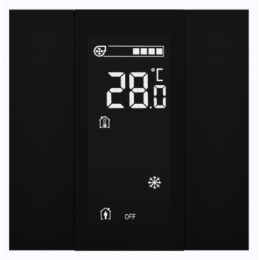 Выключатель / комнатный контроллер с ЖК-дисплеем iSwitch+ 2-кнопочный, встроенные датчики температуры, влажности, освещенности, LED индикация, 2 унив. входа, с BCU, материал анодированный алюминий, черный шлифованный