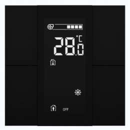 Выключатель / комнатный контроллер с ЖК-дисплеем iSwitch+ 4-кнопочный, встроенные датчики температуры, влажности, освещенности, LED индикация, 2 унив. входа, с BCU, материал анодированный алюминий, черный шлифованный