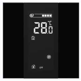 Выключатель / комнатный контроллер с ЖК-дисплеем iSwitch+ 2-кнопочный, встроенные датчики температуры, влажности, освещенности, LED индикация, 2 унив. входа, с BCU, материал плексигласс, цвет черный