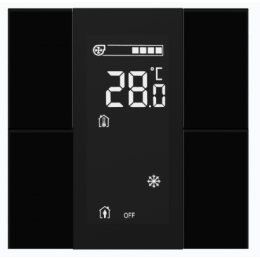 Выключатель / комнатный контроллер с ЖК-дисплеем iSwitch+ 4-кнопочный, встроенные датчики температуры, влажности, освещенности, LED индикация, 2 унив. входа, с BCU, материал плексигласс, цвет черный