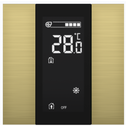 Выключатель / комнатный контроллер с ЖК-дисплеем iSwitch+ 2-кнопочный, встроенные датчики температуры, влажности, освещенности, LED индикация, 2 унив. входа, с BCU, материал анодированный алюминий, шлифованный, цвет золото