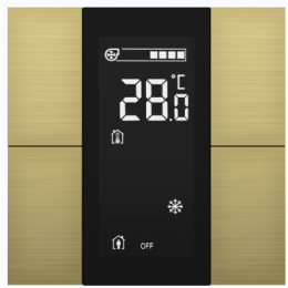 Выключатель / комнатный контроллер с ЖК-дисплеем iSwitch+ 4-кнопочный, встроенные датчики температуры, влажности, освещенности, LED индикация, 2 унив. входа, с BCU, материал анодированный алюминий, шлифованный, цвет золото