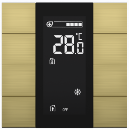 Выключатель / комнатный контроллер с ЖК-дисплеем iSwitch+ 8-кнопочный, встроенные датчики температуры, влажности, освещенности, LED индикация, 2 унив. входа, с BCU, материал анодированный алюминий, шлифованный, цвет золото