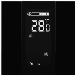 Выключатель / комнатный контроллер с ЖК-дисплеем iSwitch+ 2-кнопочный, встроенные датчики температуры, влажности, освещенности, LED индикация, 2 унив. входа, с BCU, материал пластик, цвет угольно-черный глянцевый