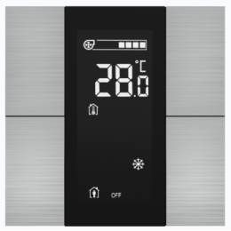 Выключатель / комнатный контроллер с ЖК-дисплеем iSwitch+ 4-кнопочный, встроенные датчики температуры, влажности, освещенности, LED индикация, 2 унив. входа, с BCU, материал алюминий, натуральный шлифованный