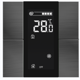 Выключатель / комнатный контроллер с ЖК-дисплеем iSwitch+ 4-кнопочный, встроенные датчики температуры, влажности, освещенности, LED индикация, 2 унив. входа, с BCU, материал нержавающая сталь полированная