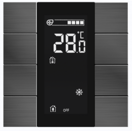 Выключатель / комнатный контроллер с ЖК-дисплеем iSwitch+ 8-кнопочный, встроенные датчики температуры, влажности, освещенности, LED индикация, 2 унив. входа, с BCU, материал нержавающая сталь полированная