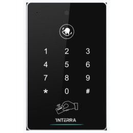 Черный контроллер доступа со считывателем карт, клавиатурой для ввода пароля и сенсорной кнопкой вызова