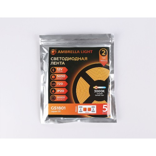 Светодиодная лента Ambrella Light LED Strip 12В 5050 7,2Вт/м 3000K 5м IP20 GS1801