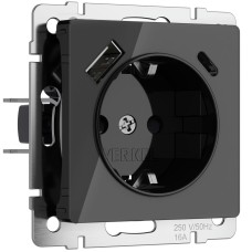 W1171748 Розетка с заземлением, шторками и USB тип A+C (черный акрил) Werkel a064044 W1171748 Розетка с заземлением, шторками и USB тип A+C (черный акрил) Werkel a064044