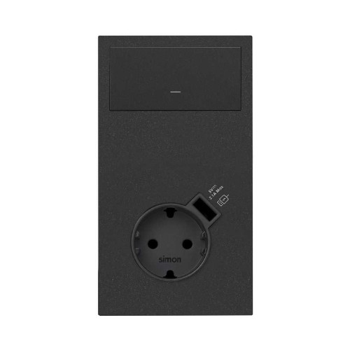 Кит на 2 поста, фронт: накладка вертикальная на 1 розетку Schuko с з/у USB SC + 1 клавиша выключателя черный матовый Simon 100, 10020216-238