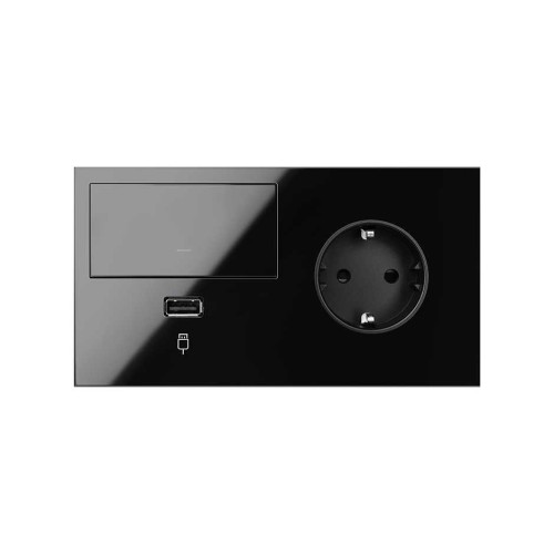 Кит на 2 поста, фронт: накладка на 1 розетку Schuko (справа) + 1 з/у USB SC + 1 клавиша светорегулятора черный глянец Simon 100, 10020209-138