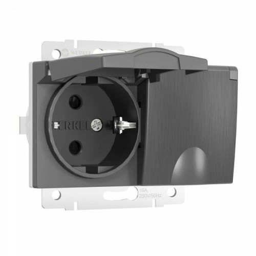 W1172204 Розетка двойная влагозащ. с зазем. с защит. крышками и шторками (графит рифленый) Werkel a057291