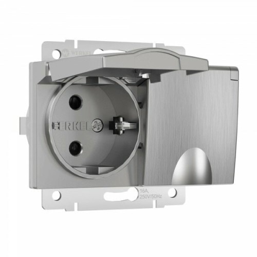 W1172209 Розетка двойная влагозащ. с зазем. с защит. крышками и шторками (шампань рифленый) Werkel a057288