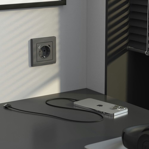 W1171764 Розетка с заземлением, шторками и USB тип A+C (графит матовый) Werkel a063106