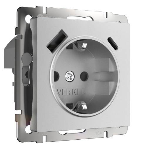 W1171765 Розетка с заземлением, шторками и USB тип A+C (серебряный матовый) Werkel a063618