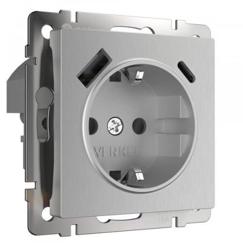 W1171709 Розетка с быстрой зарядкой USB Type A+С серебряный рифленый Werkel a056277