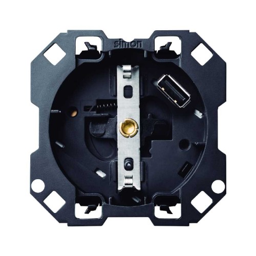 Розетка с заземлением и шторками Schuko 2Р+Е 16A 250В~ с з/у USB Smart Charge 2.1A 5В Simon 100, 2 поста, 10001432-039