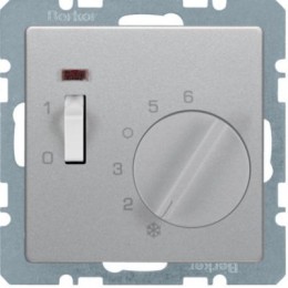 20306084 Регулятор температуры помещения с размыкающим контактом, центральной панелью, одноклавишным выключателем и светодиодом, Q.1/Q.3, цвет: алюминиевый, с эффектом бархата Berker