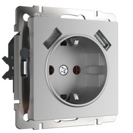 WL06-SKGS-USBx2-IP20 Розетка с заземлением, шторками и USBх2 (серебряный) Antik Werkel a033474