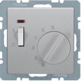 20316084 Регулятор температуры помещения 24 В с размыкающим контактом, центральной панелью, одноклавишным выключателем и светодиодом, Q.1/Q.3, цвет: алюминиевый, с эффектом бархата Berker