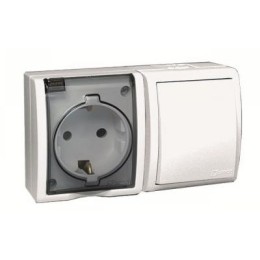 1594511-030 Блок, розетка с заземлением Schuko 16А 250В + выключатель одноклавишный 10А 250В, IP54, S15 Aqua, бе Simon 15 Aqua