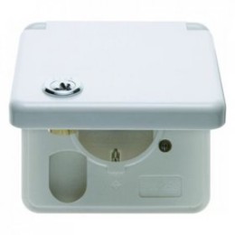 421209 Штепсельная розетка SCHUKO с накладкой, откидной крышкой и замком цвет: полярная белизна, с блеском Влагозащищенный скрытый монтаж IP44 Berker