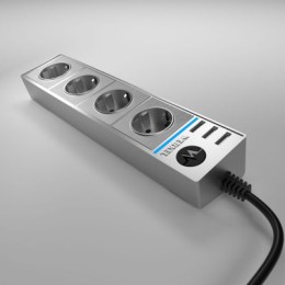 WL20-04-03 Розеточный блок 4-х местный + 3 USB серебряный/серебряный рифленый Diamant Werkel a039976