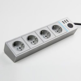 WL20-04-03 Розеточный блок 4-х местный + 3 USB серебряный/серебряный рифленый Diamant Werkel a039976