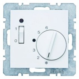 20308989 Регулятор температуры помещения с размыкающим контактом, центральной панелью, одноклавишным выключателем и светодиодом цвет: полярная белизна, с блеском S.1/B.3/B.7 Glas Berker