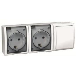 1594526-030 Блок, розетка двойная с заземлением Schuko 16А 250В + выключатель одноклавишный проходной 10А 250В, Simon 15 Aqua