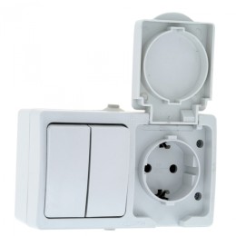 Блок розетка-выкл. 2-кл. 16А с/з с крышкой IP54 бел. с защ. штор. EKF Венеция EVRV16-052-10-540