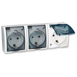 1594447-030 Розетка тройная с заземлением Schuko со шторками, с крышкой полупрозрачной, IP54, 16А 250В, винтовой Simon 15 Aqua