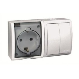 1594515-030 Блок, розетка с заземлением Schuko 16А 250В + выключатель двухклавишный 10А 250В, IP54, S15 Aqua, бе Simon 15 Aqua