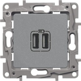 672494 Зарядное устройство с двумя USB-разьемами 240В/5В 2400мА - Etika - алюминий Legrand