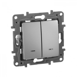 672404 Выключатель двухклавишный с подсветкой/индикацией - автоматические клеммы - Etika - 10 AX - 250 В~ - алюминий Legrand