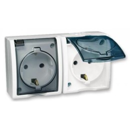 1594443-030 Розетка двойная с заземлением Schuko со шторками, с крышкой полупрозрачной, IP54, 16А 250В, винтовой Simon 15 Aqua