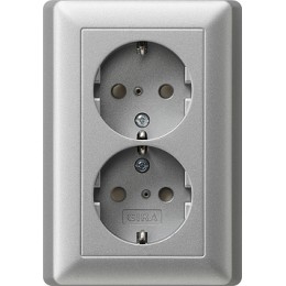 078326 Розетка двойная с заземляющими контактами в комплекте с рамкой Алюминий Gira