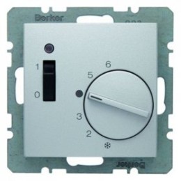 20311404 Регулятор температуры помещения 24 В с размыкающим контактом, центральной панелью, одноклавишным выключателем и светодиодом цвет: алюминий, матовый B.1/B.7 Glas Berker