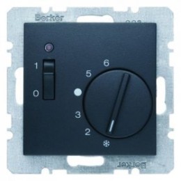 20311606 Регулятор температуры помещения 24 В с размыкающим контактом, центральной панелью, одноклавишным выключателем и светодиодом цвет: антрацит, матовый B.1/B.3/B.7 Glas Berker