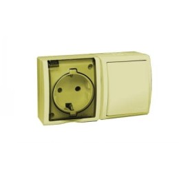 1594516-031 Блок, розетка с заземлением Schuko 16А 250В + выключатель одноклавишный проходной 10А 250В, IP54, S1 Simon 15 Aqua