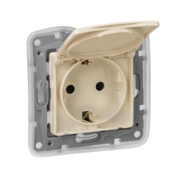 672332 Розетка 2К+З IP 44 с откидной крышкой и шторками - немецкий стандарт - автоматические зажимы - 16 А - слоновая кость Legrand